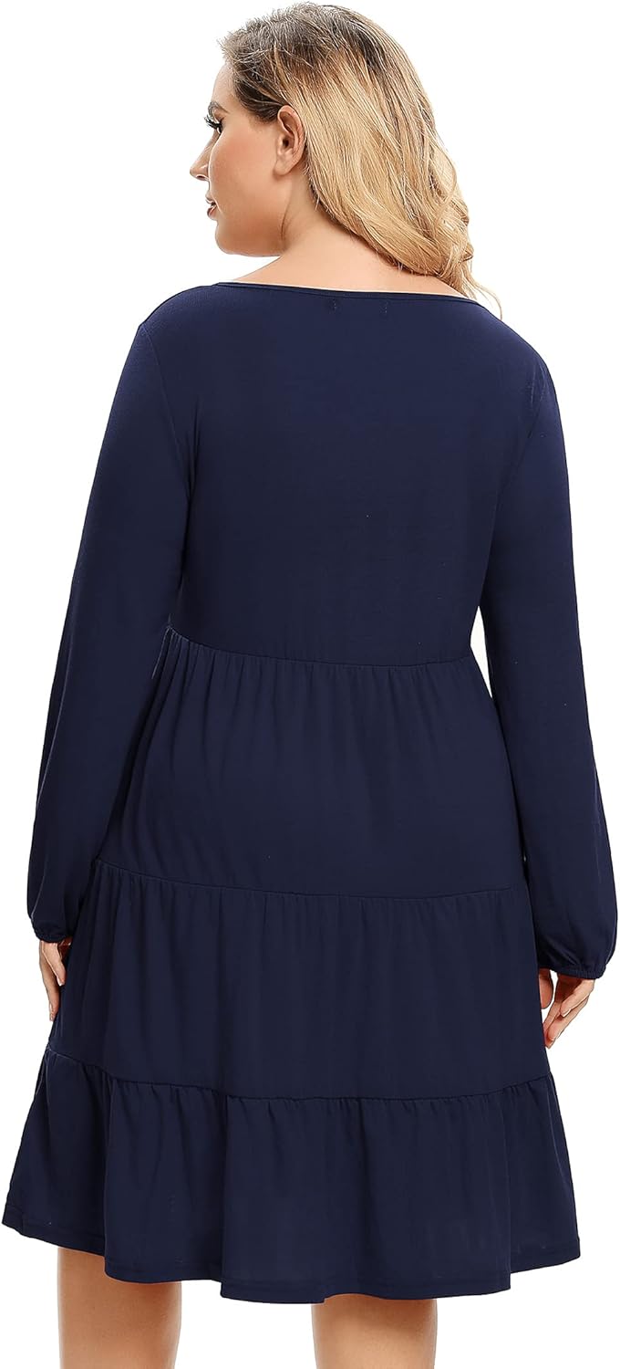 ShopWonder Women's Plus Size Casual Tunic Mini Dress Lantern Sleeve Ruffle Hem V Neck Loose Swing Fall Dresses Plus Size - Image 6