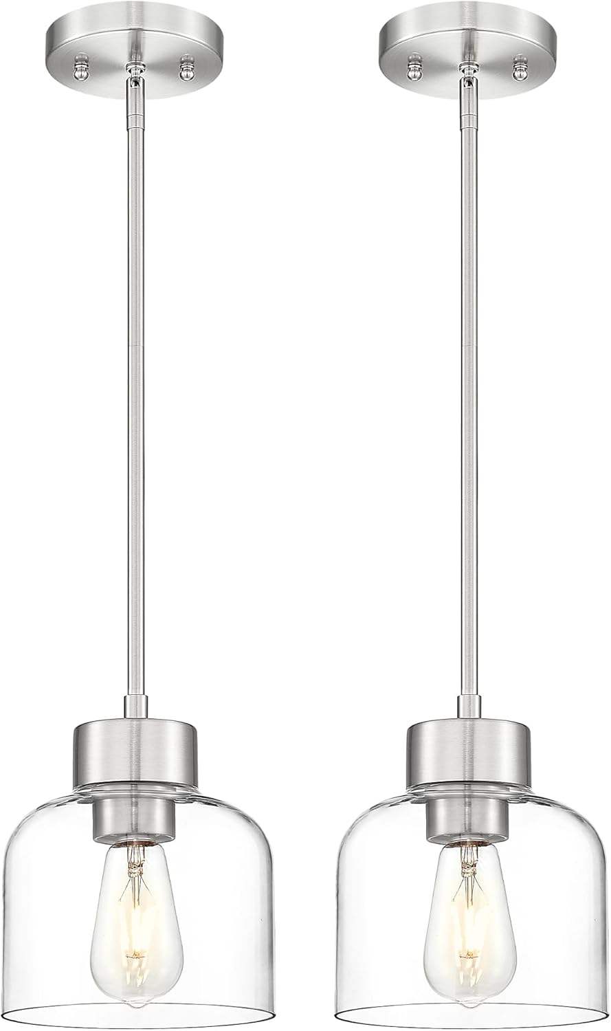 2-Pack Pendant Lights Kitchen Island, 7" Brushed Nickel Hanging Lights Fixtures with Clear Glass Shade, Modern Kitchen Pendant Lighting Over Island for Dining Room, AD-24024-1P2-SN