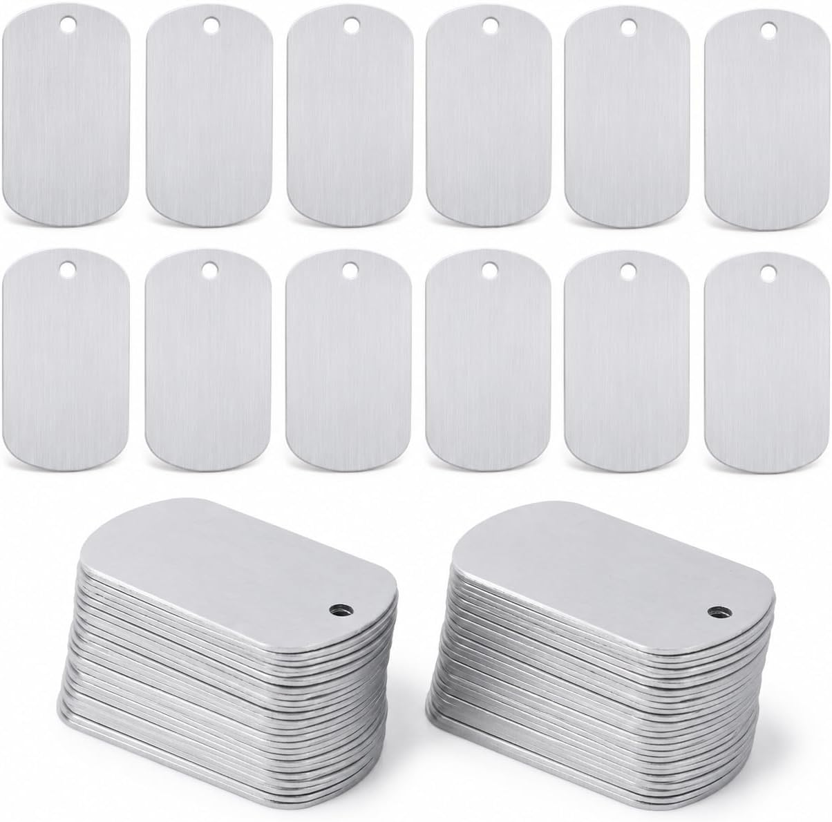 100 Pack Blank Dog Tags, Silver Aluminum Dog Tag Blanks, 1.97 x 1.14 in Metal Stamping Blanks with Hole for Engraving, Pet Tags, Key Tags and DIY Craft Labels