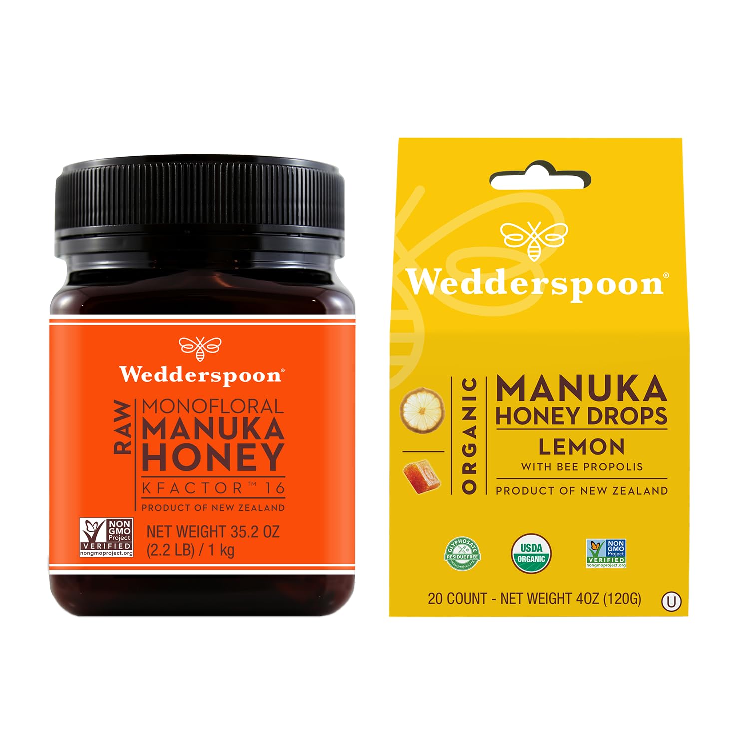 Bundle - Wedderspoon Raw Premium Manuka Honey KFactor 16 (35.2 Oz) and Manuka Honey Drops Lemon & Bee Propolis (4 Oz)
