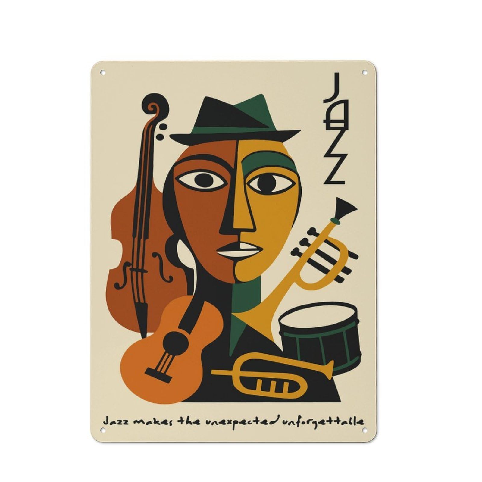 Junmoney Style-9 Garage Style Decorative Metal Plaque 40X30cm Featuring Abstract Jazz Musician With Instruments, Garage Wall Decor For Garage, Workshop, Shed Or Utility Room