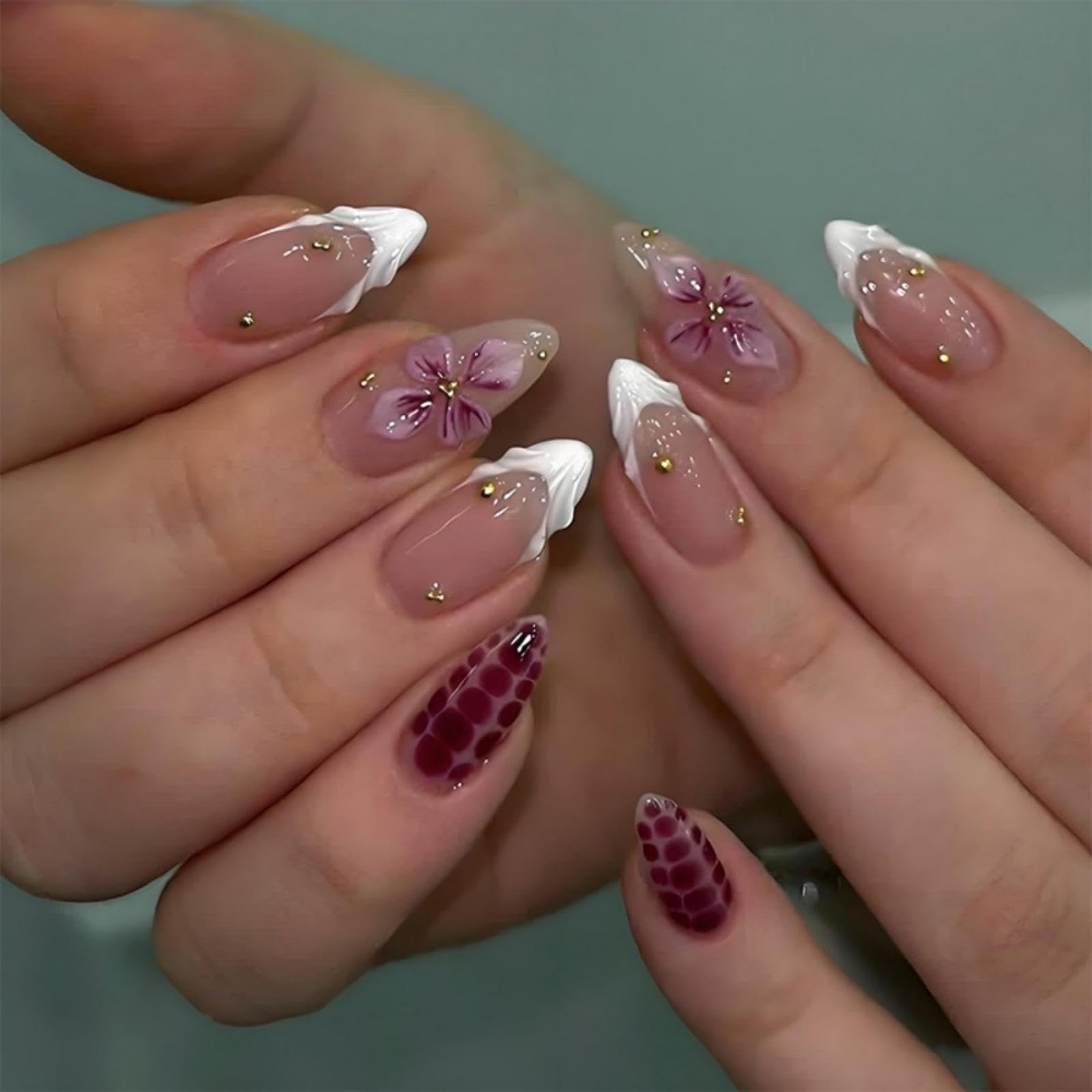 Photo 1 of *photo for reference**Almond Press on Nails Short Fake Nails with 5D Flower Charm Design Glossy White French Tips Acrylic Nail Turtle Shell Nail Press ons Reusable Cute Spring Summer False Nail for Women Manicure 30Pcs