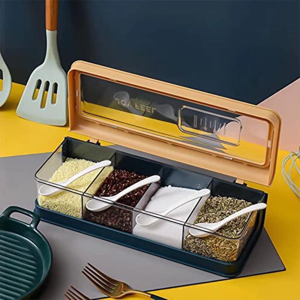 Seasoning jar Kitchen Storage Box 4 in 1 Transparent Seasoning Storage Container Salt, Pepper, Sugar, Spices, Starch Spoon (Yellow)