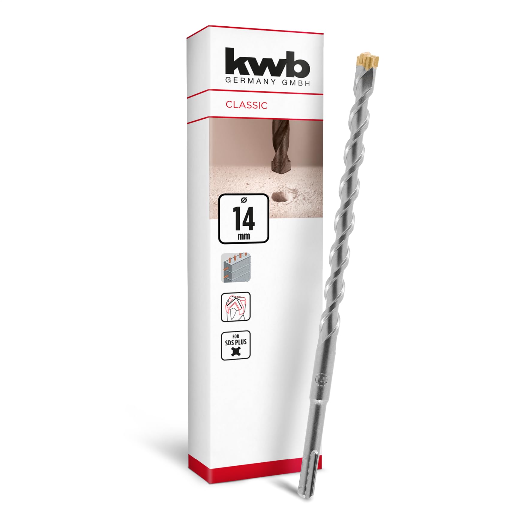 kwb SDS Plus Bohrer, SDS Plus Hammerbohrer (Ø 14 mm x 260 mm, mit extrem schneller Hartmetall 4X-Schneide, für armierten Beton, Stein & Mauerwerk)