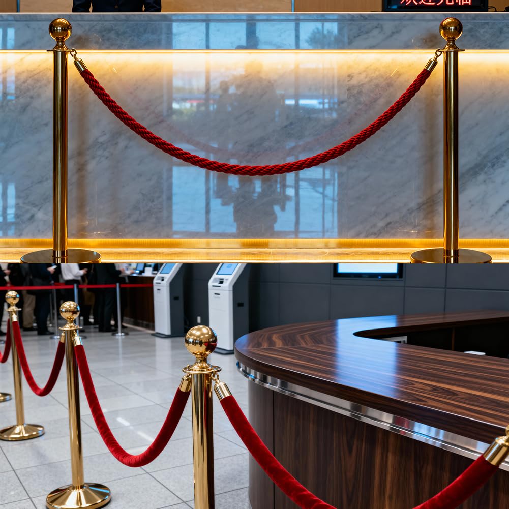 Modulare Barriere Premium Absperrstab mit Seil - Gold Robuster Crowd Control Bandstab für Warteschlangen, Events & Ladenmanagement, Set mit 5 ft/1.5 m rotem Samt Seil (6)