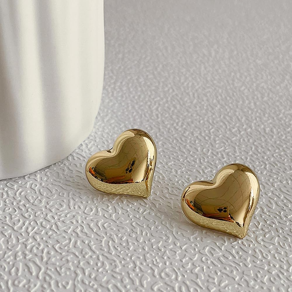 Chunky Heart Stud Statement Earrings for Women 14K Gold Personalized Puffy Love Dangle Earrings Exquisite Unique Heart Metal Earrings Charm Jewelry