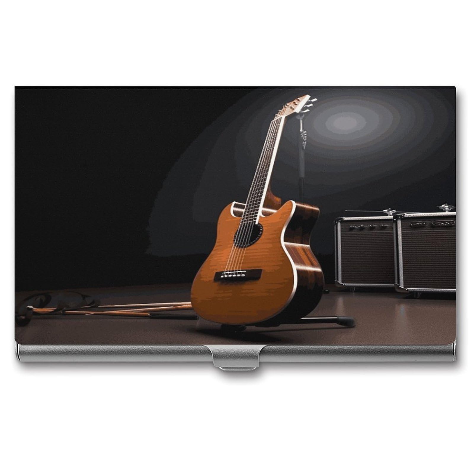 LDGSUPH Musical Instrument Guitar Business Card Holder Fashion Slim Name Card Holder Minimalist Design Case Metal Card Carrier Personalized Business Card Case with Flip for Men Women