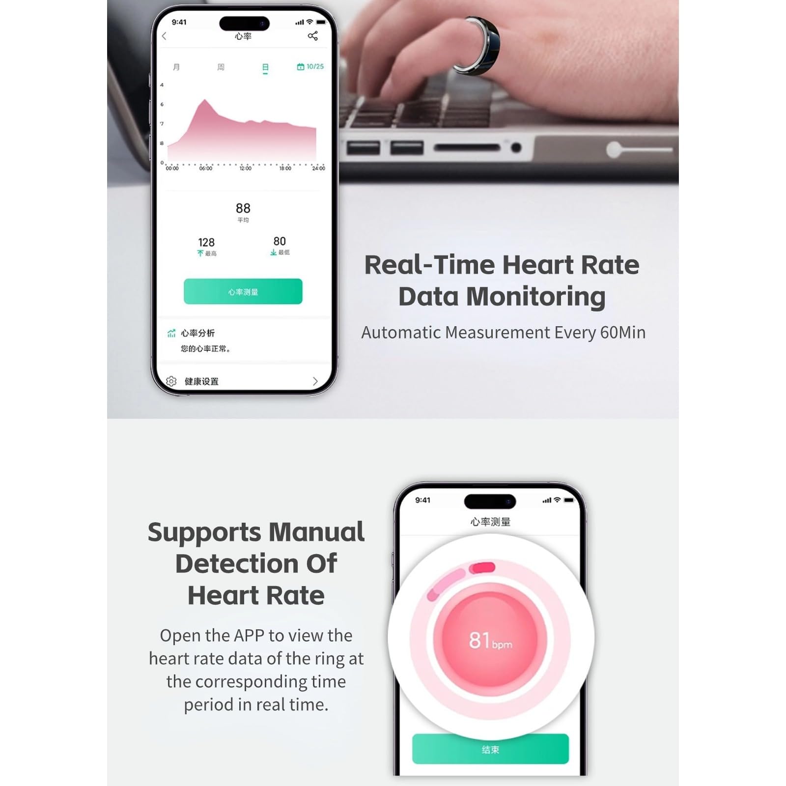 Cuifati Smart Ring Health Tracker, Monitoraggio dei Dati del Sonno Contapassi Anello Fitness con App, Controllo Fotocamera Otturatore Selfie, Anello Sanitario Impermeabile per Android iOS,