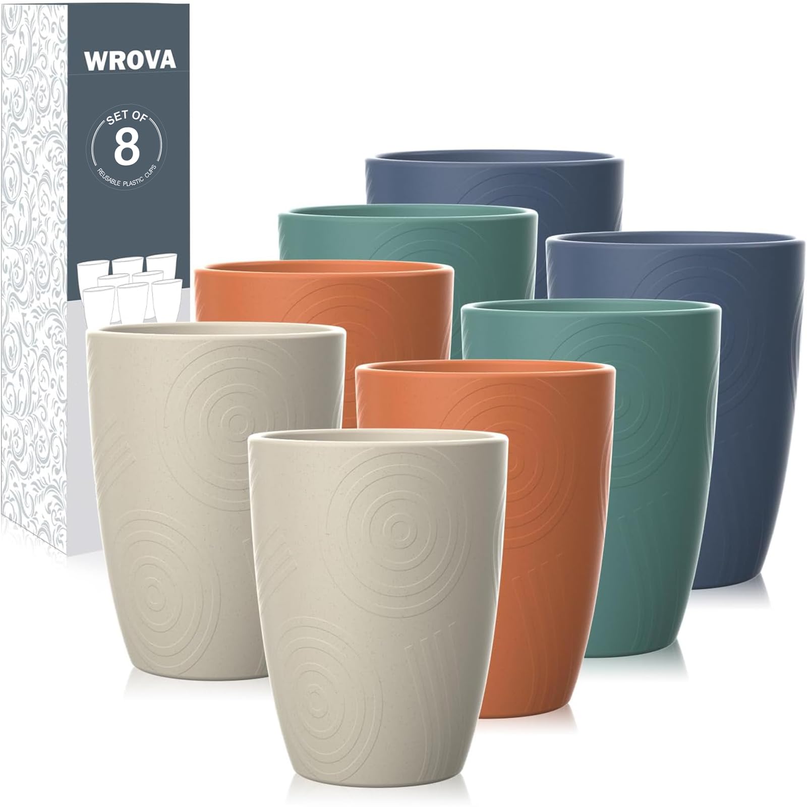 Wrova Reusable Plastic Cups - Set of 8 Unbreakable & Lightweight Plastic Glasses 350ML Dishwasher and Microwave Safe Cups Set for Indoor & Outdoor, with 4 Colors - Multicolors