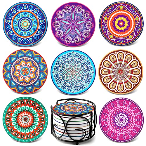 Product Image of the Teivio Absorbing Stone Mandala Ceramic Coasters for Drinks Cork Base with Holder, for Friends Funny Birthday Housewarming Apartment Kitchen Bar Decor, Suitable for Wooden Table, Coffee Table, Set of 8