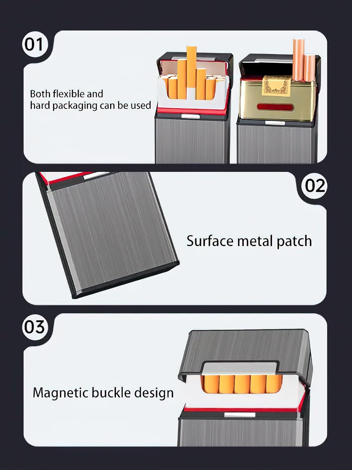 20Pcs Magnetic Switch Cigarette Holder Case, Gray High-Capacity Cigarette Box Waterproof Wrinkle Resistant