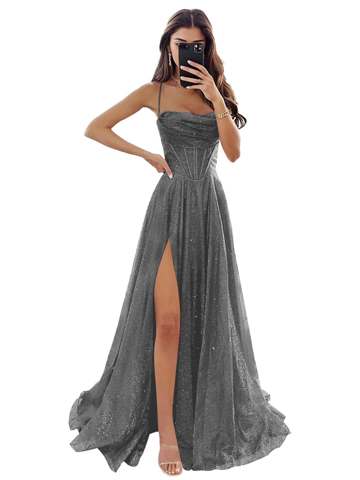 Women's Spaghetti Straps Glitter Tulle Prom Dress with Slit Cowl Neck Long Formal Dress Evening Gown
