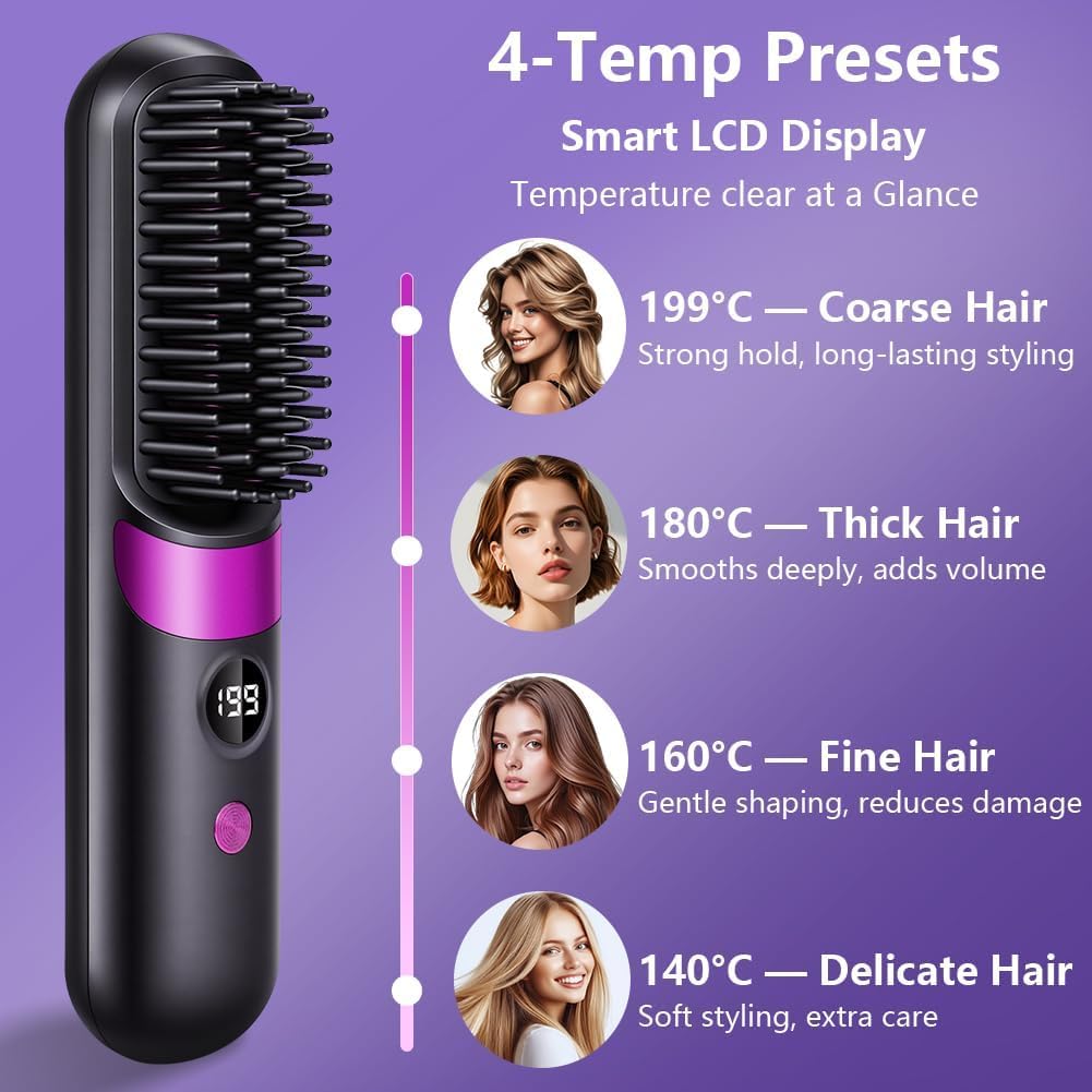 Cordless USB Rechargeable Ionic Hair Straightener Brush, Anti Frizz Ceramic Heated Brush for Thick Curly Hair, Fast Heating Travel Hair Straightener Brush for Women - 5