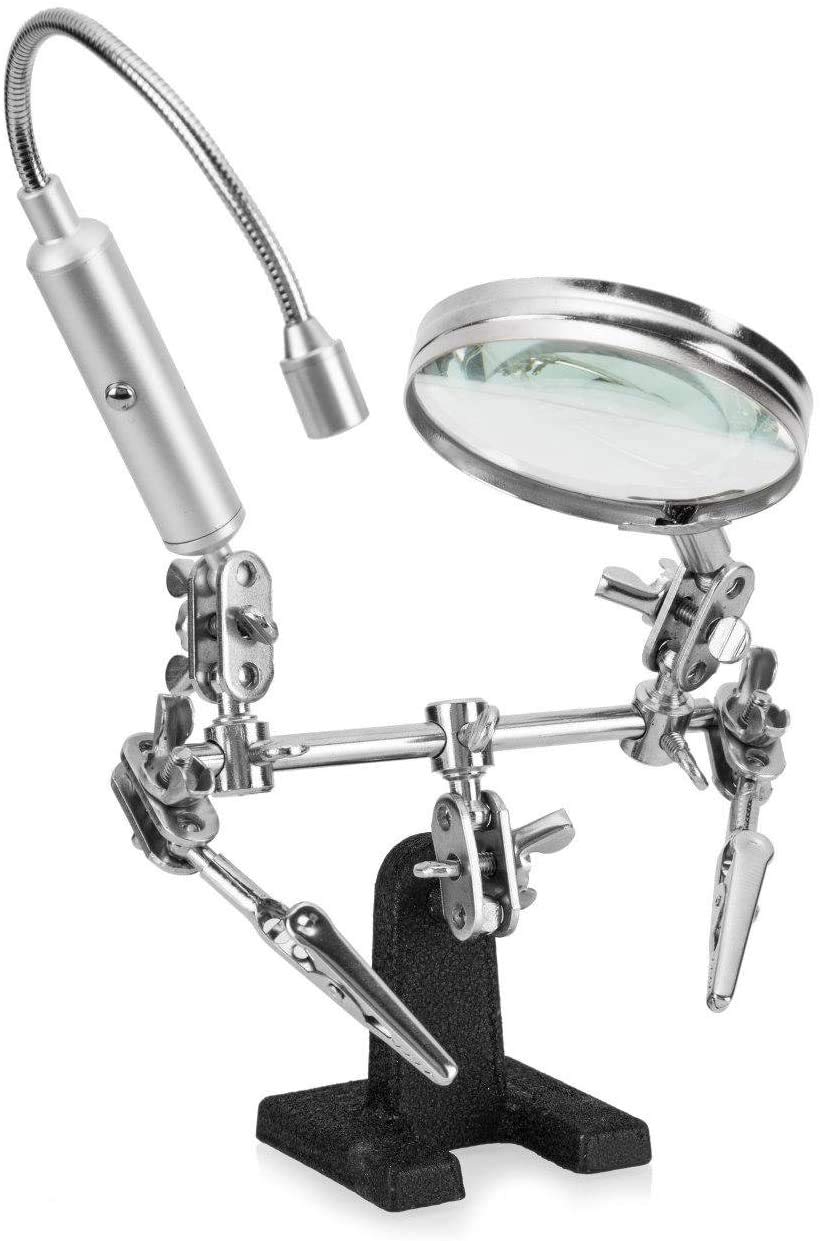 Helping Hand Magnifier Glass Stand with Flexible Neck LED Flashlight & Alligator Clips – 3x Magnifying Lens, Perfect for Soldering, Crafting & Inspecting Micro Objects