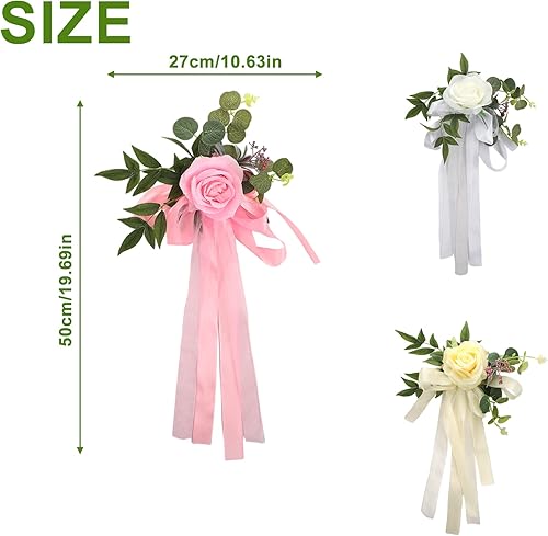 Miniatura 5 de FQQWEE - 6 piezas de decoración para sillas de pasillo de boda, rosas blancas, flores de respaldo de silla de boda con hojas y cintas, silla de