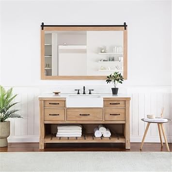 Vinnova Villareal 60" Single White Farmhouse Bath Vanity in Weathered Pine Wood & Mirror