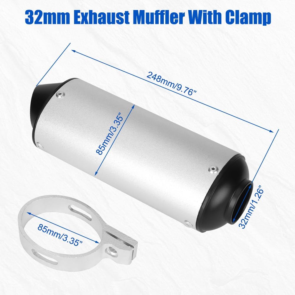 32mm Exhaust Pipe Muffler Silencer & Clamp Motorcycle for 50cc 70cc 90cc 110cc 125cc 150cc 160cc for Honda Yamaha Kawasaki Taotao Sport-B Pit Bike Dirt Bike 4 Wheeler ATV Quad Motocross Silver