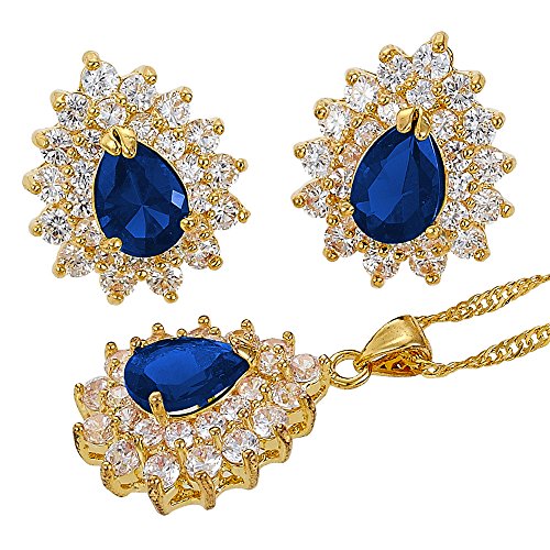 Rizilia Teardrop Jewellery Set Pendant with 18" Chain & Stud Earrings Pear Cut Gemstones CZ [Blue Sapphire] in 18K Yellow Gold Plated, Simple Modern Elegance