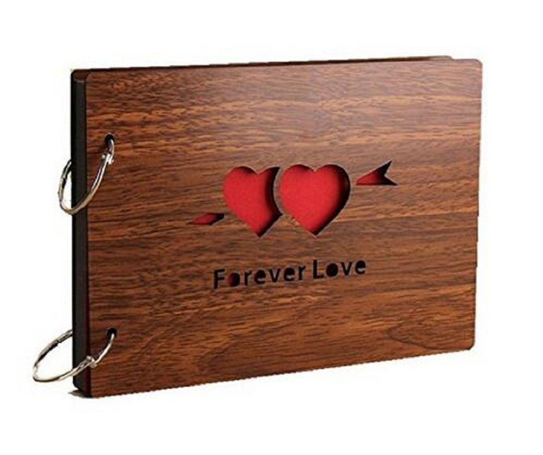 WENDINDIY Photo Album Wood Cover Anniversary Scrapbook 8 X 6 inches Self-adhesive Picture Book with Black Pages for Wedding Guest Book Couples Graduation Travel Love Story Memory (Forever Love)