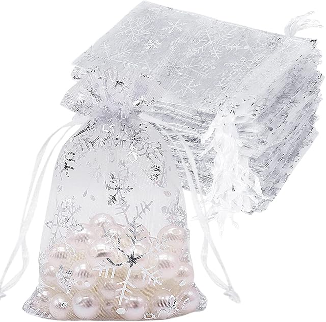 100pcs Organza Gift Bags White Snowflake 10 x 15 cm, Small White Mesh Jewelry Pouches Little Drawstring Candy Bags for Christmas