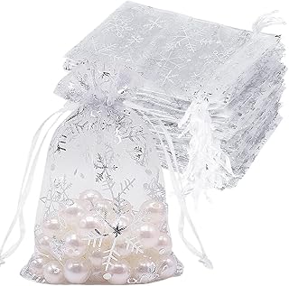 100pcs Organza Gift Bags White Snowflake 10 x 15 cm, Small White Mesh Jewelry Pouches Little Drawstring Candy Bags for Christmas