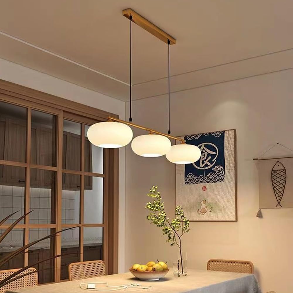 Lustres Créative Wabi-Sabi Style Scandinave Lampe À Suspension Abat-jour Verre Laiteux Suspendue 3 Flammes E27 Réglable En Hauteur Salle Manger Pendentif Salon Chambre À Coucher Plafonnier(Gold)