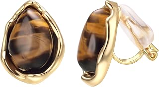Yoursfs Brown Tiger Eye Clip on Earrings for Women Trendy Small Clip on Earrings Women 18K Gold Plated Non Pierced Jewelry