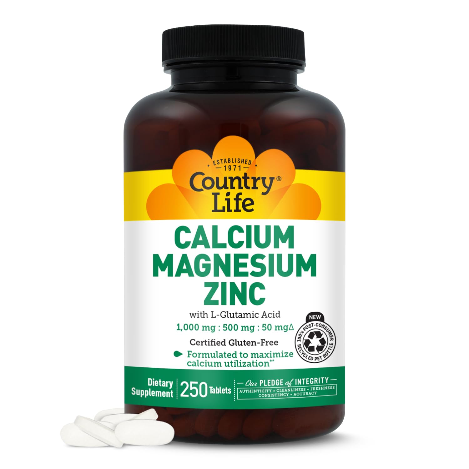 Country Life Calcium Magnesium Zinc with L-Glutamic Acid, 250 Tablets 250 Count (Pack of 1)