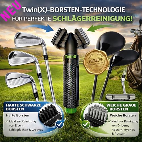 TwinX Premium Golfbürste mit Wassertank & Sprühfunktion Dual-Borstensystem für alle Golfschläger Bürste für Schlägerreinigung CaddieMag & Karabiner für Golftasche Golf Zubehör, 1 Stück