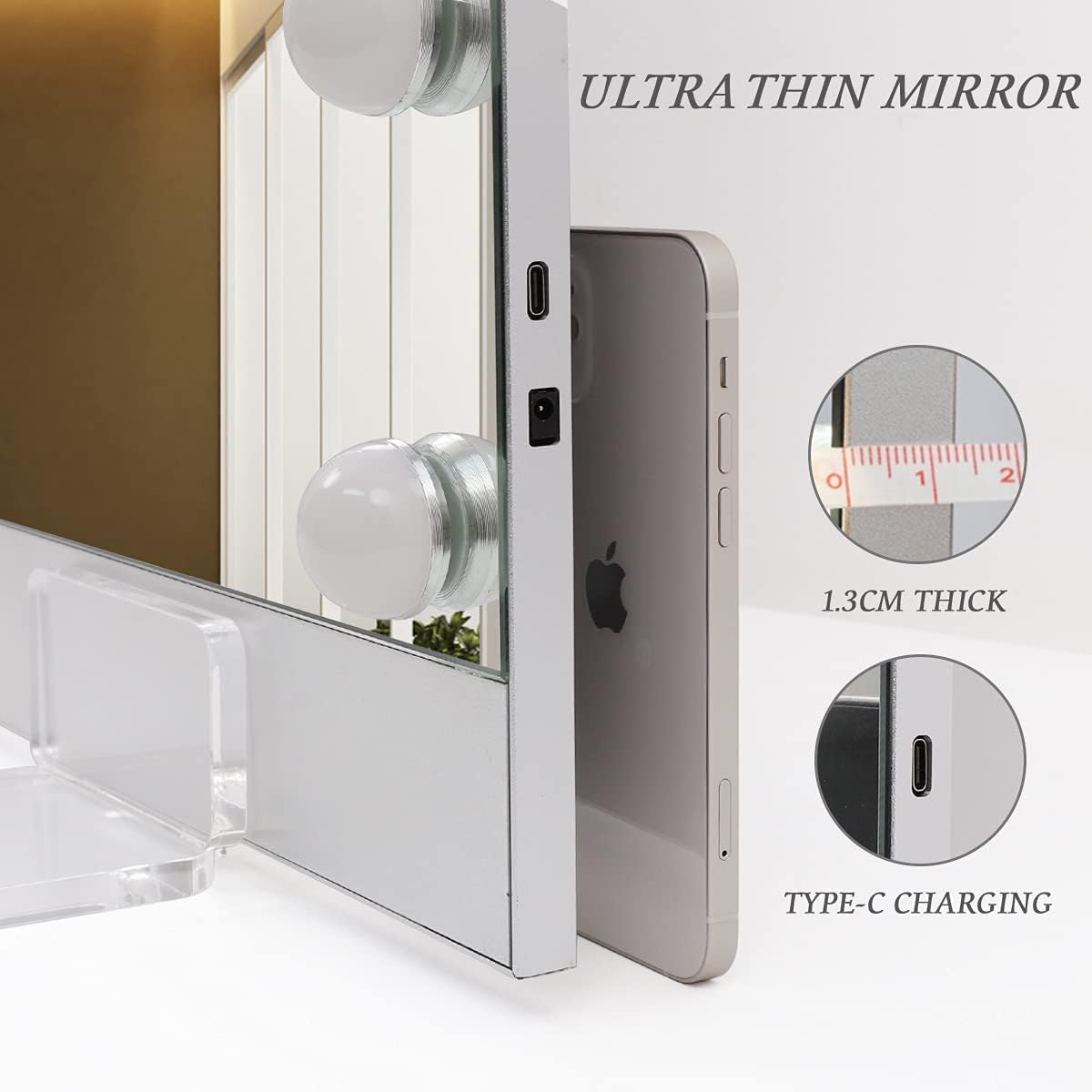 Bobening Ultra Thin Vanity Mirror with Selfie Stand, Extra Large Hollywood Makeup Mirror with Smart Touch Control, LED Light Bulb with Bluetooth Remote Control for Light Modes and Taking Selfies