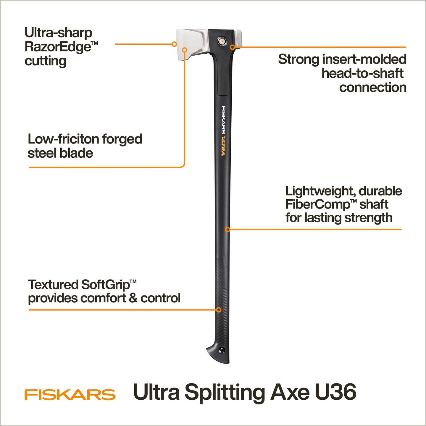 Fiskars Ultra Hacha U36, Robusta Hacha para Partir Troncos Grandes, Revestimiento ToughCoat, Equilibrio optimizado, Hoja de Acero al Carbono/Mango FiberComp, 91,5 cm, Negro, 1088144