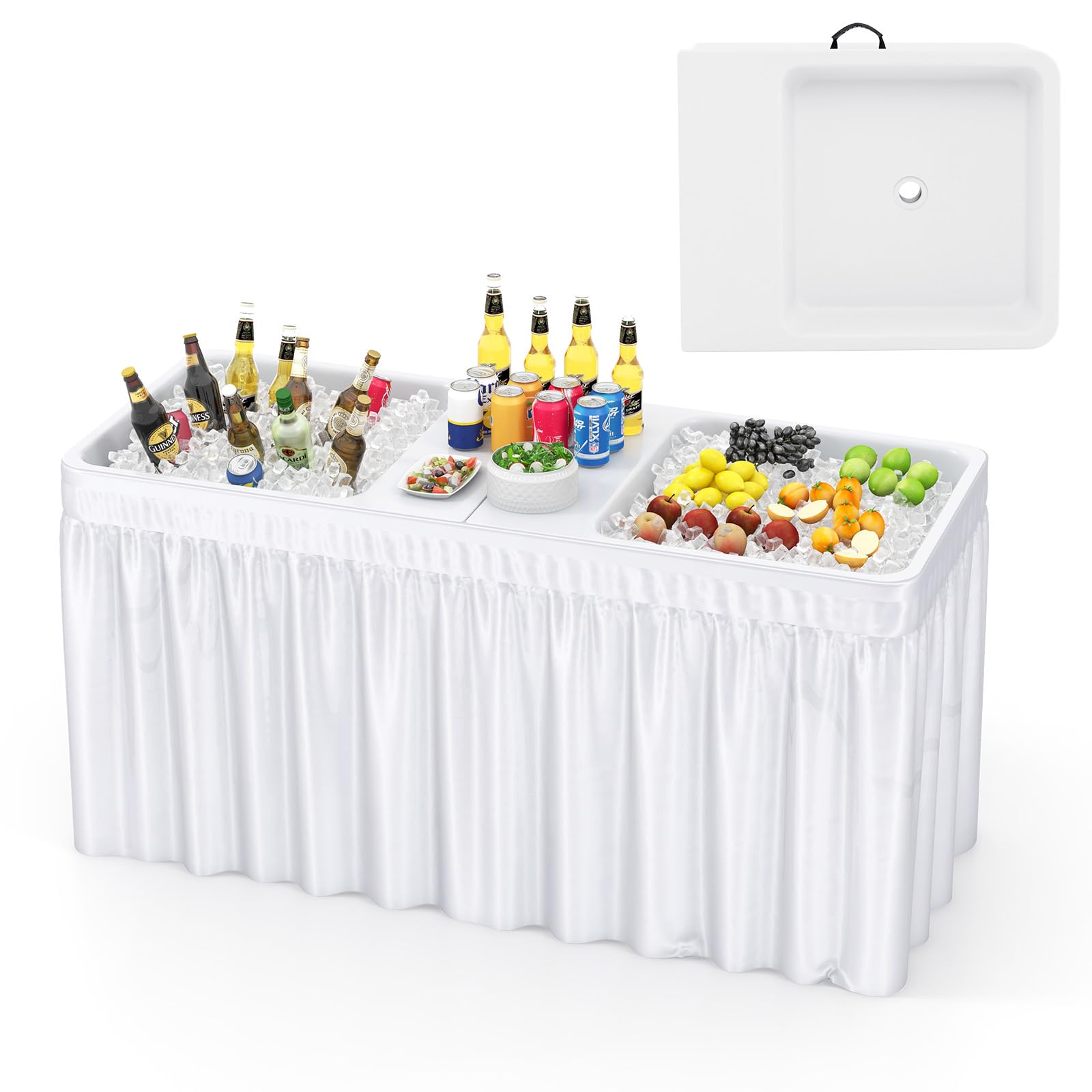 COSTWAY Mesa Enfriadora de Hielo Plegable de 150 cm, Mesa Refrigerante para Exteriores con Doble Fregadero, Falda a Juego y Manguera de Drenaje, Portátil Camping, Fiestas, Picnic y Bodas