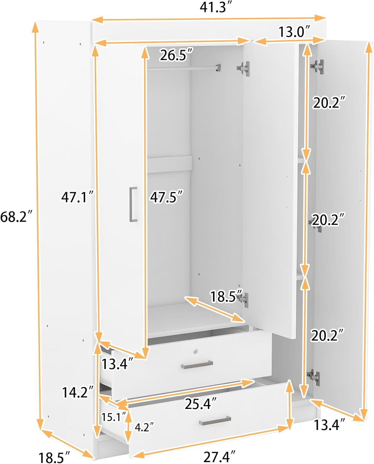 Diagram showing dimensions of the Quarte 3-Door Wardrobe, including height, width, depth, and internal measurements of shelves, hanging space, and drawers.
