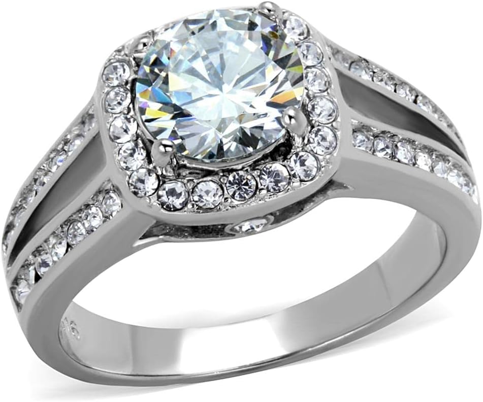 Halo Round Cushion Cut Cathedral Set Crysal CZ Engagement Ring, Stainless Steel, Size 7