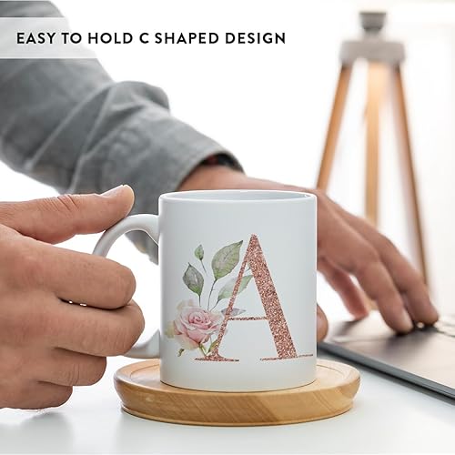 Miniatura 4 de Andaz Press Taza de café de 11 onzas, rosas de acuarela rosa con purpurina de oro rosa sintético, letra A, 1 paquete, incluye caja de regalo,