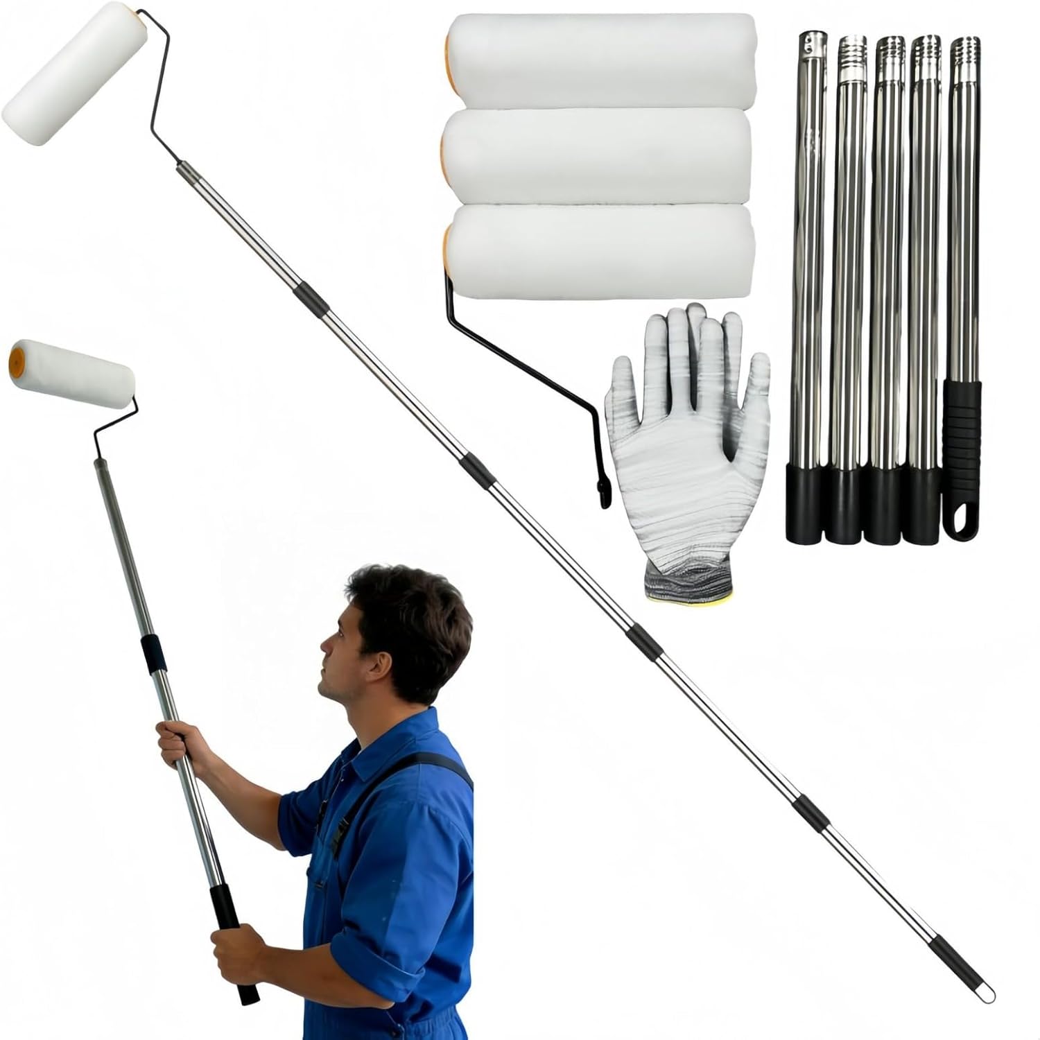 5-Section Telescopic Roller Kit with Extension Pole Complete House Painting Tools for Wall Ceiling Includes Frame Covers Tray