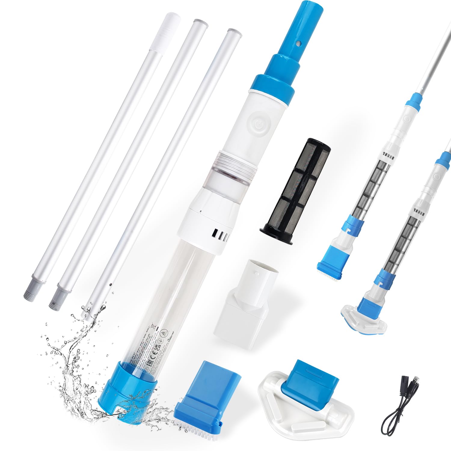 Handheld Pool Vacuum with Replaceable Brush Head, Spa Vacuum for Hot Tub with Telescopic Poles, Cordless Pool Rechargeable Cleaner for Spas, Hot Tubs and Above-Ground Pools