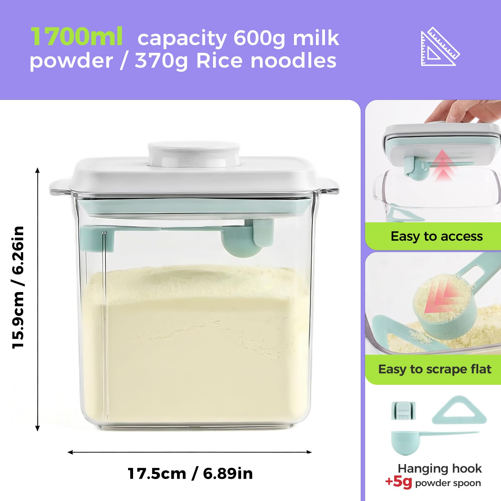 Dozownik mleka w proszku 1700 ml, przenośna skrzynka na mleko w proszku z łyżeczką