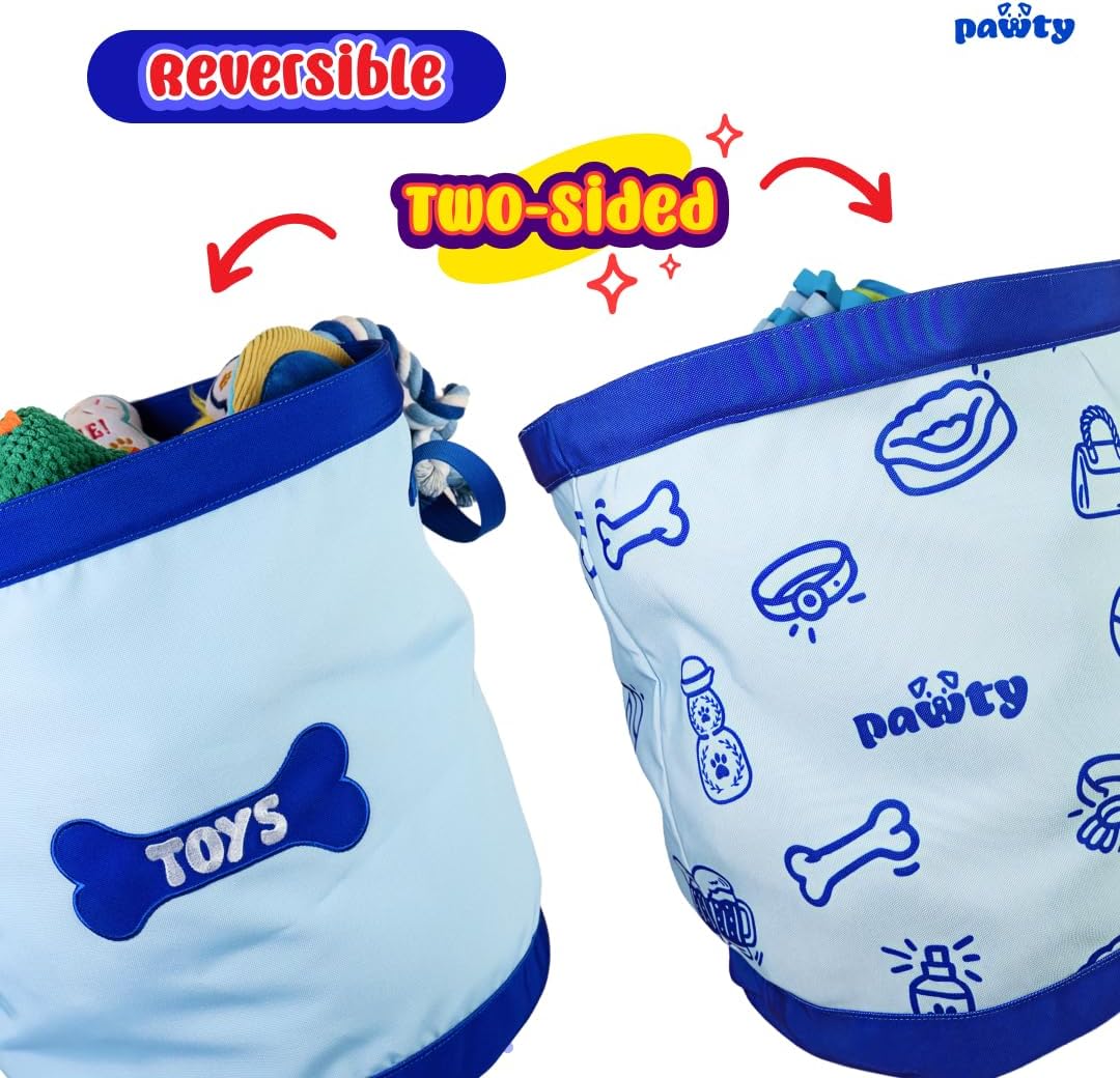 Pawty Funny Dog Toys Basket – Reversible Fabric Storage Bin with “Dog Toys” Text & PAWTY Logo – Large Toy Organizer Holds Up to 20 Dog Toys – Stylish Home Pet Storage