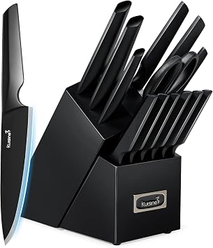 Kuisine Black Knife Set, 15-Piece High Carbon Stainless Steel Ultra Sharp Knife Block Set, Ergonomic Handle with Sharpener for Kitchen15 PCS Black EX