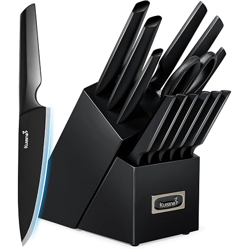 Kuisine Premium Knife Set,One-piece Steel Molding,High Carbon Stainless Steel Ultra Sharp,Non-slip Ergonomic Solid Steel Handle,Built-in Sharpener Knife Block Set,Luxury Gift(15PCS,BlackPro EX)