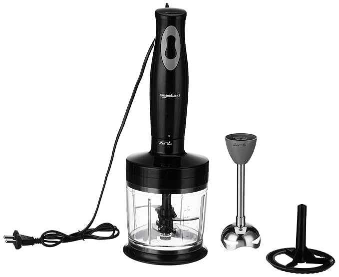 Amazon Basics Hand Blender, Chopper and Whisker, Super-Silent DC Motor, 100% Copper Motor, Ergonomic, Multi-Function, Stainless-Steel Blade, Detachable Stem, Click-Fit Locking (Stainless Steel, 300W)