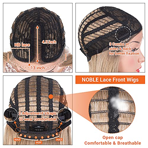 Noble Honey Blonde Lace Front Bob Wigs For Women T Part Hd Lace Front Wigs With Brown Roots Synthetic Long Bob Wigs For Party And Daily Use (Ombre Brown Blonde With Dark Root Color) #TOP5