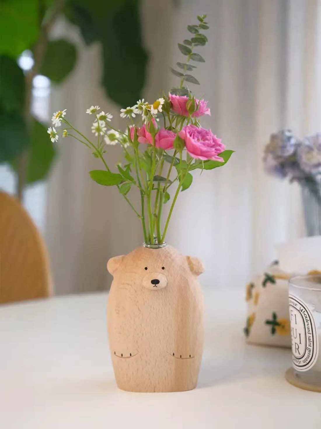 Handmade Wooden Bear Vase, Solid Wood Bear Statue Vase，Modern Shelf Decor Accents，Cute Bear Decoration Vase,Decorative Solid Wood Handmade Vase，Worth Collecting. (Bear)