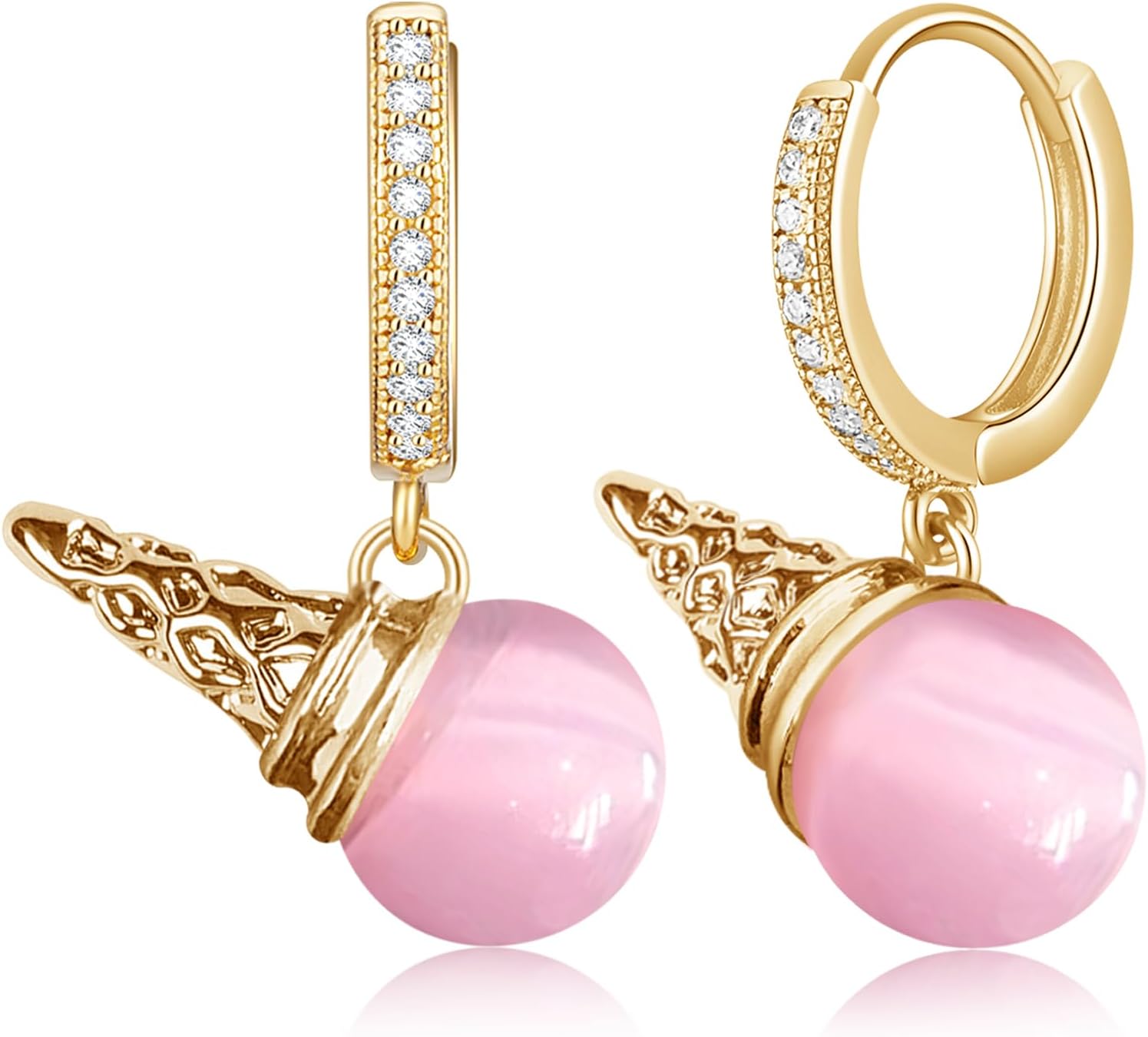 Sparkly Crystal Opal Ice Cream Dangle Drop Earrings Funny 14K Gold Food Huggie Hoop Earrings For Women