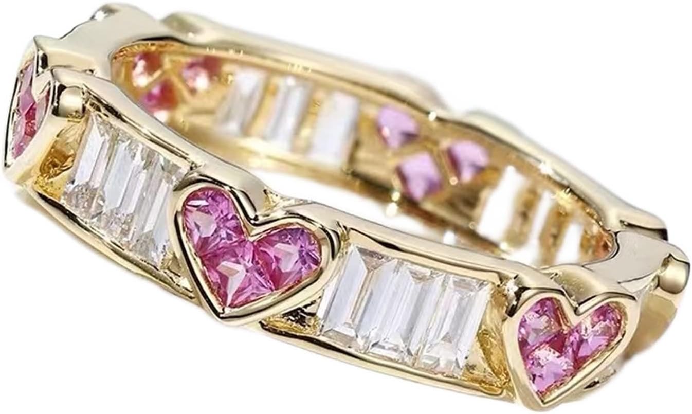 925 Sterling Silver 18K Gold Plated Heart-Shaped Pink Cubic Zirconia Eternity Ring