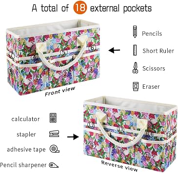 E-WEICHEN Craft Organizer Tote Bag Art Storage Caddy with Multiple Pockets Storage Containers for Art,Craft,and Office Supplies Organizer Tulip Hyacinth
