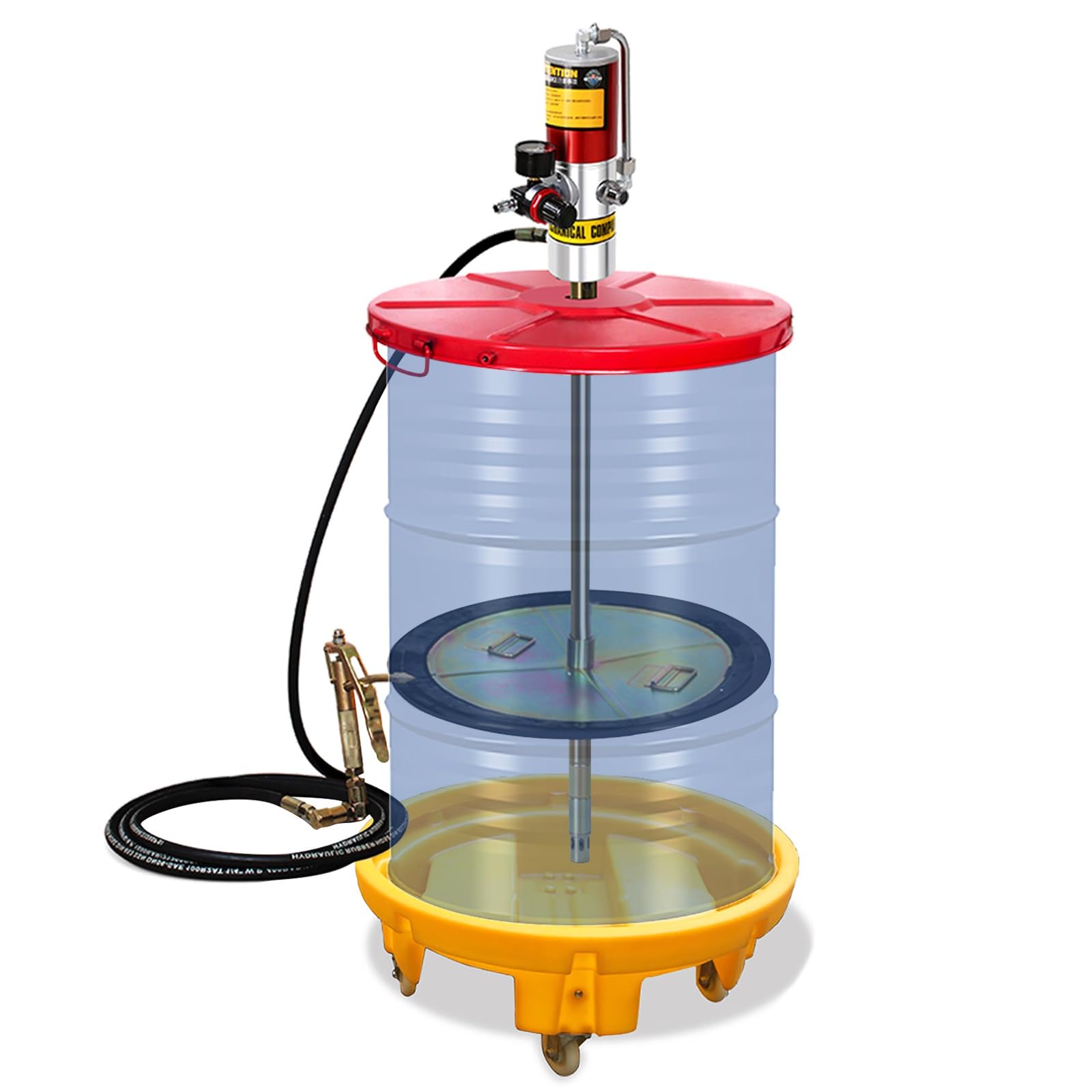 Pneumatic Grease Pump 50:1 Pressure Ratio with 16ft Tubing for 55 Gallon Drums, Includes Pallets and 0.85L/min Discharge