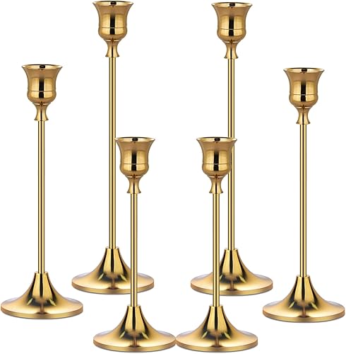 Portavelas de metal para candelabros cónicos, juego de portavelas decorativos vintage, candelabros altos (dorado, 2 juegos (6 piezas)