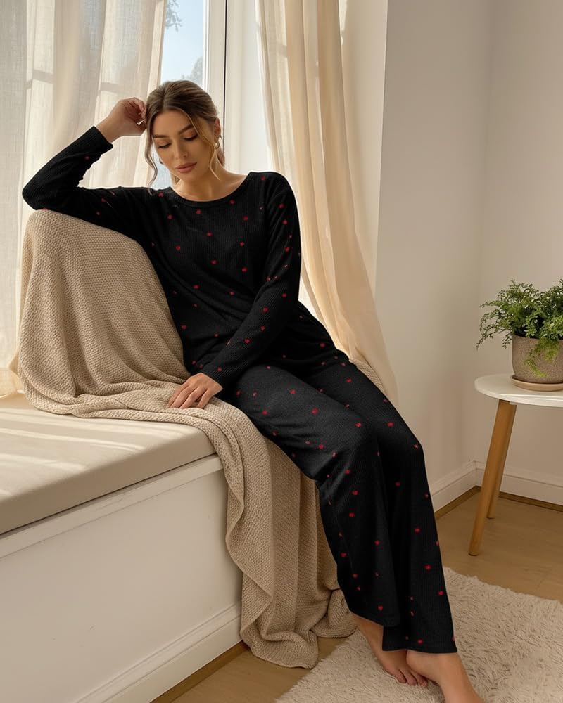 CHICME Womens Pajamas Sets 2 Piece Long Sleeve Lounge Set Heart Print Loungewear Loose Pants Pj Sets Spring 2026 - Image 3